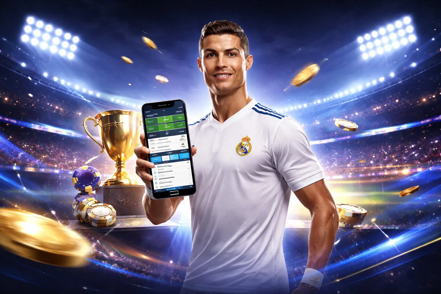 Sân vận động với ánh đèn rực rỡ và logo 77win apk, thể hiện cá cược thể thao trực tuyến